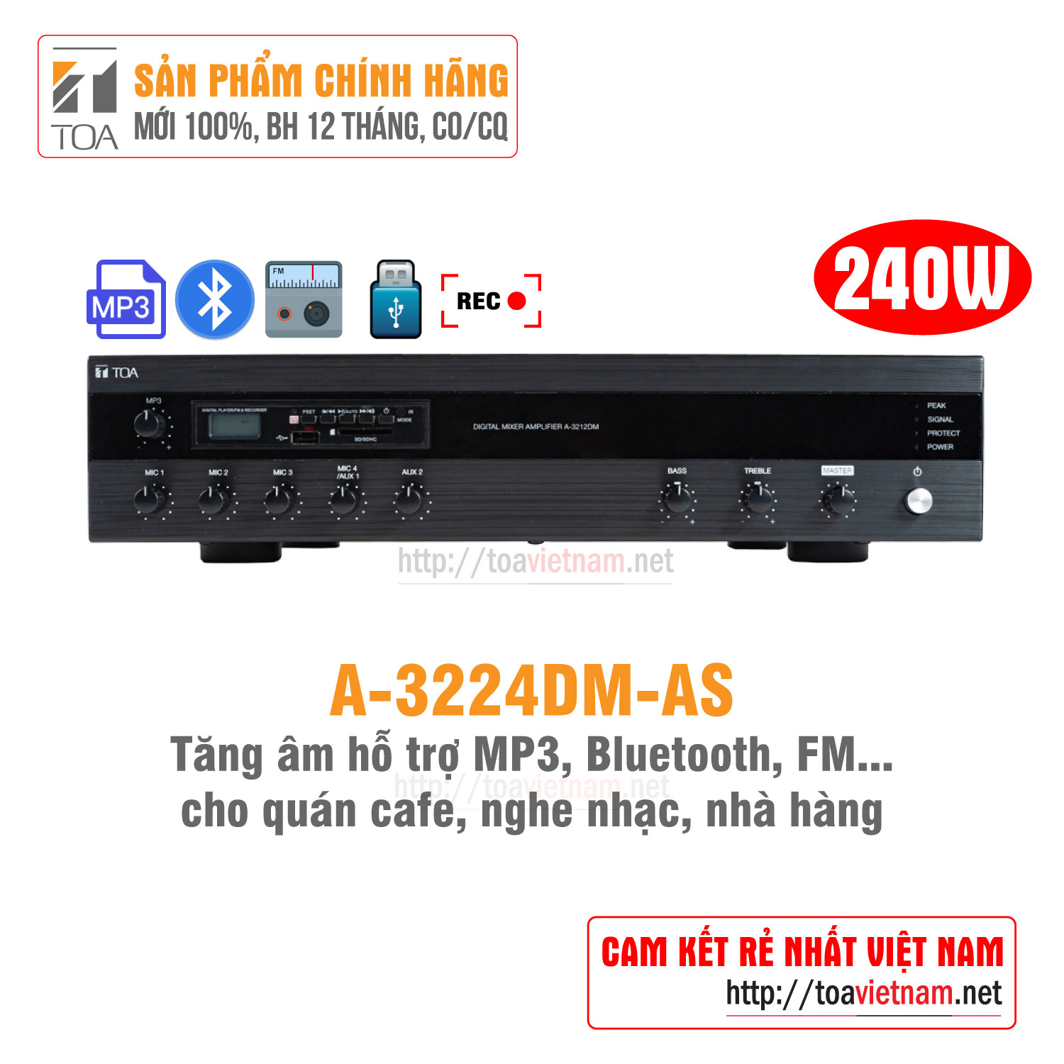 Tăng âm MP3, Bluetooth 240W: TOA A-3224DM-AS