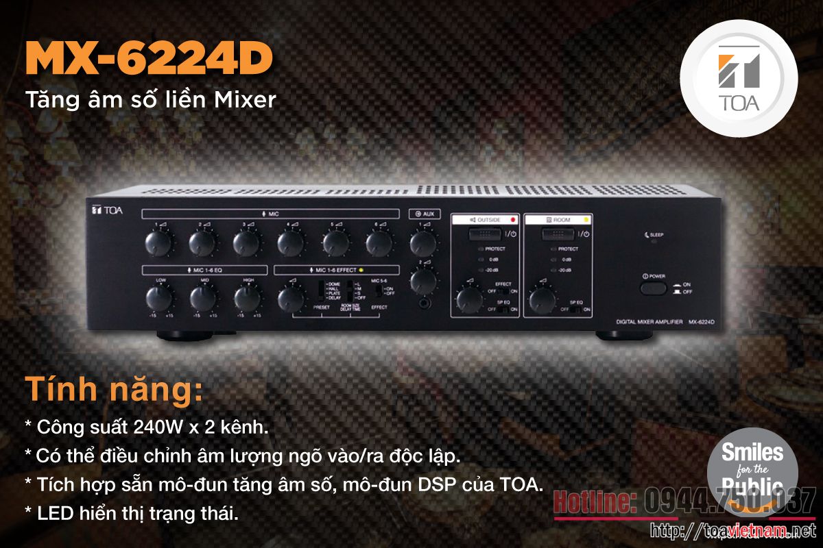 MX-6224D là tăng âm số liền Mixer hai kênh có chất lượng âm 